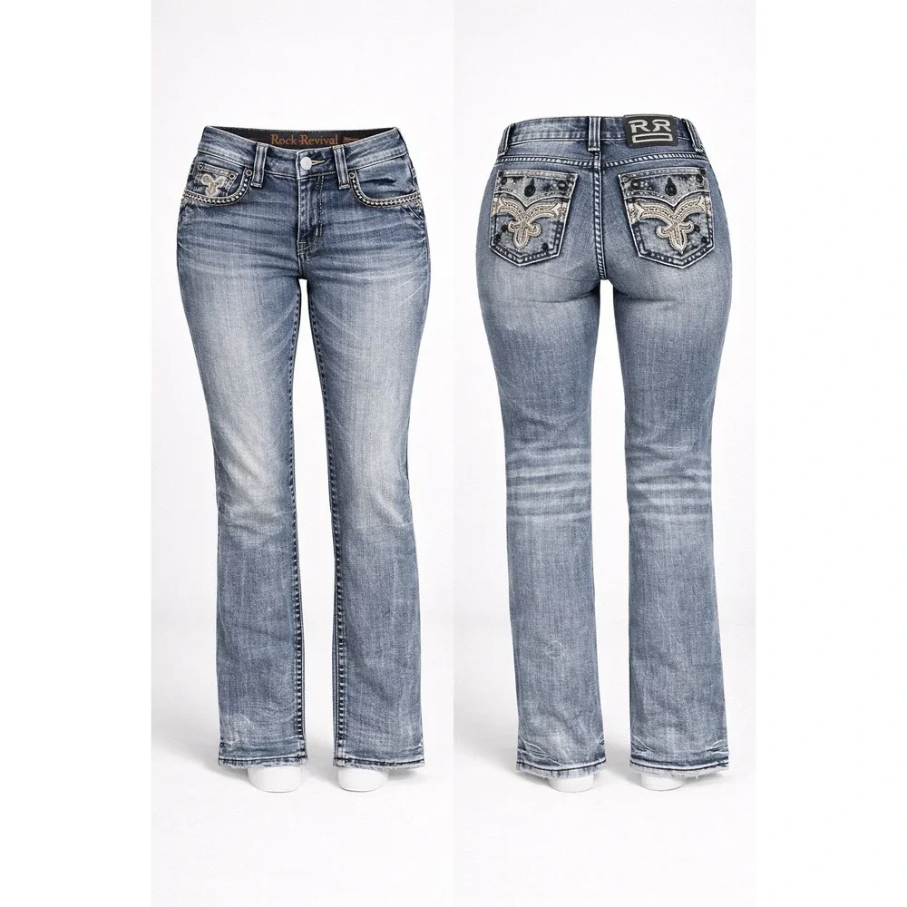 Men's 32 Rock Revival Jeans Clifford Straight 0855 WHISKERING THICKS STITCH